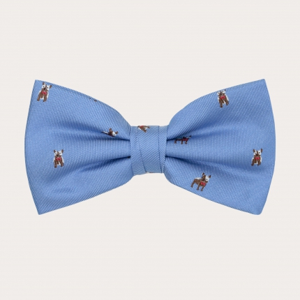 Silk pre-tied bow tie, light blue with french bulldog design