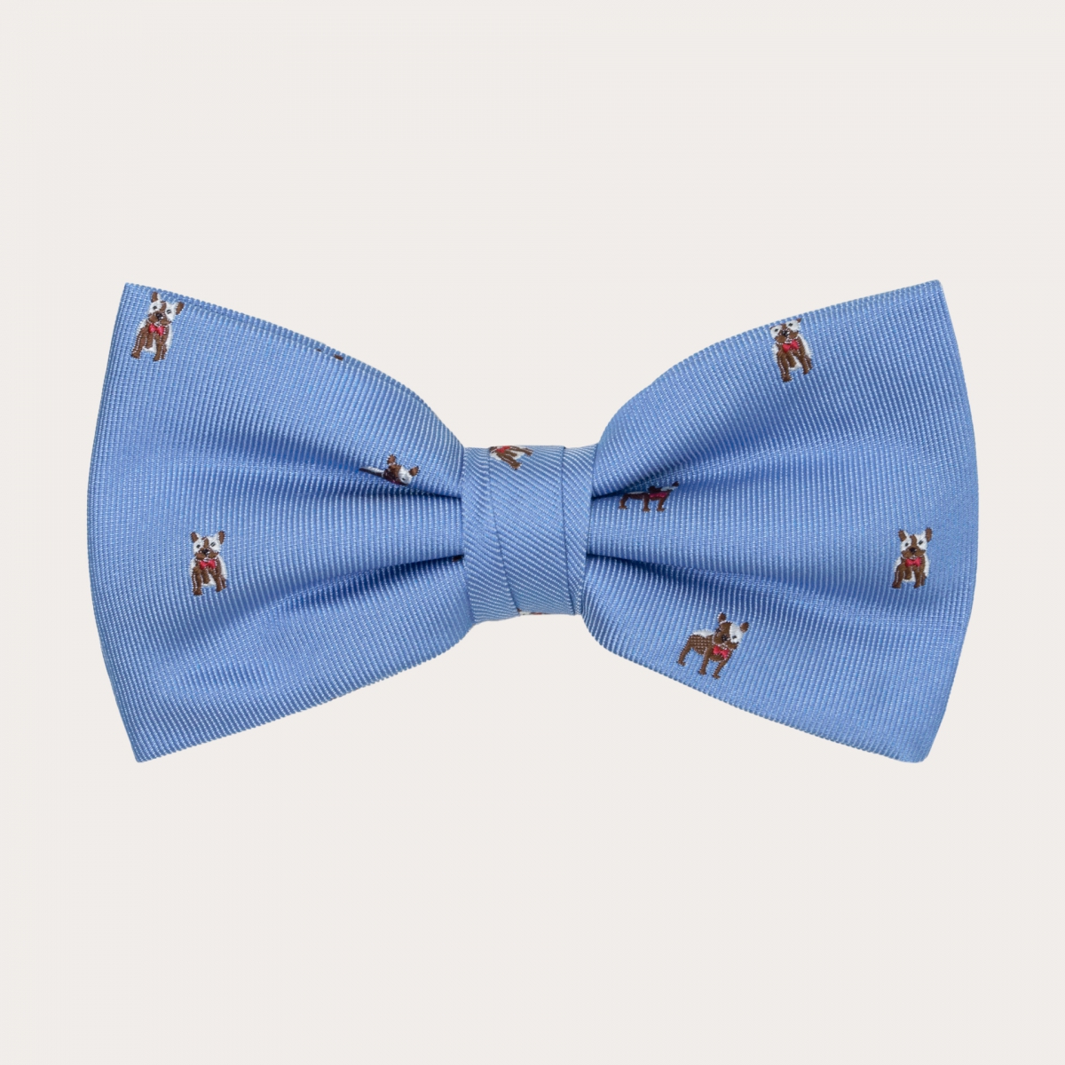 Silk pre-tied bow tie, light blue with  french bulldog design
