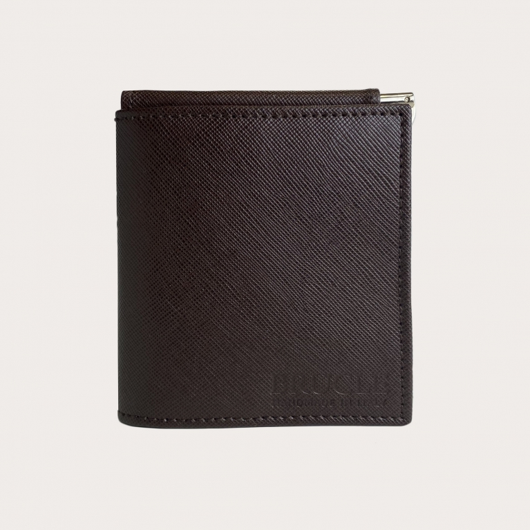 Mini portefeuille compact en cuir saffiano avec pince à billets et porte-monnaie, marron et orange