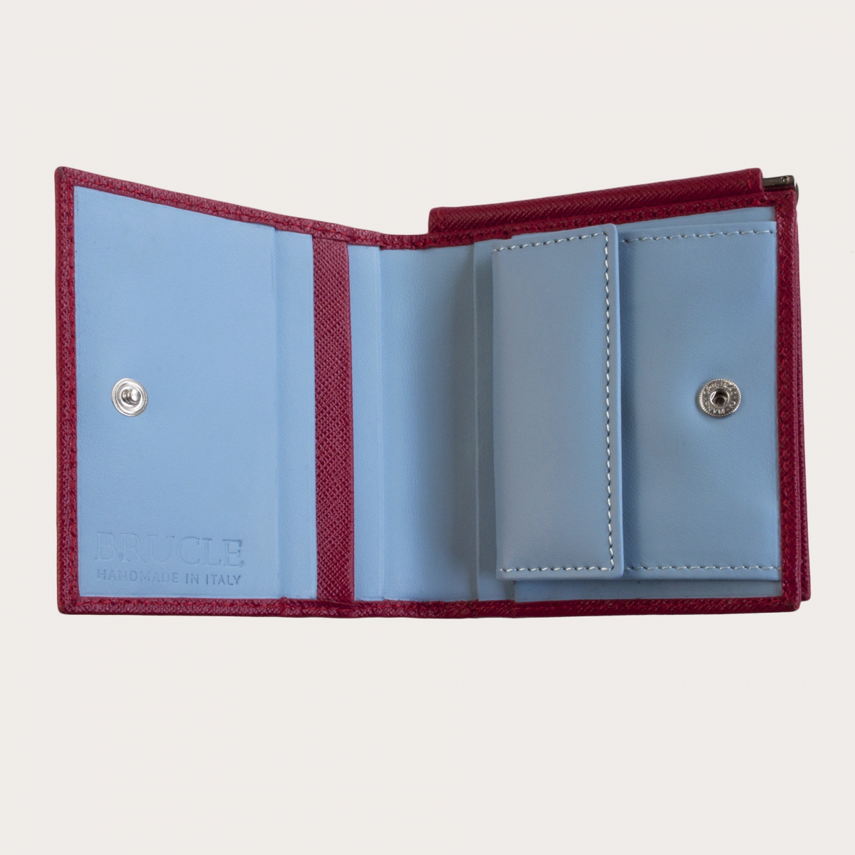 Compact mini wallet in saffiano leather with money clip and coin purse, red and light blue