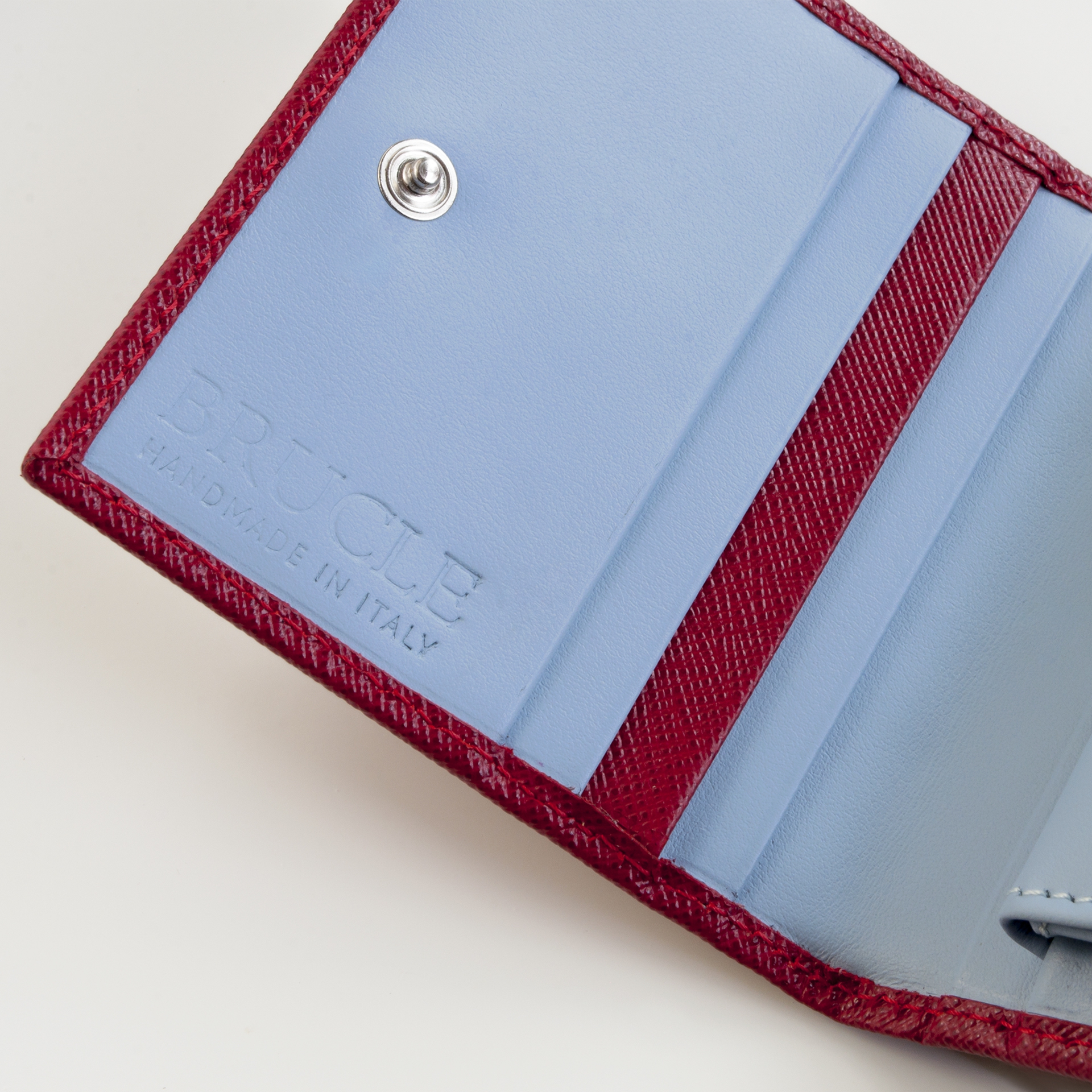 Mini portefeuille compact en cuir saffiano avec pince à billets et porte-monnaie, rouge et bleu clair
