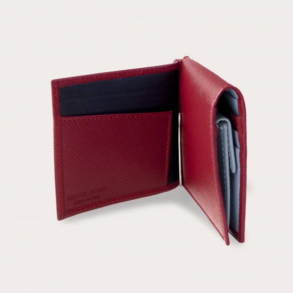 Kompakte Mini-Geldbörse aus Saffiano-Leder mit Geldscheinklammer und Geldbörse, rot und hellblau