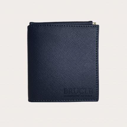 Mini portefeuille compact en cuir saffiano avec pince à billets et porte-monnaie, bleu et jaune