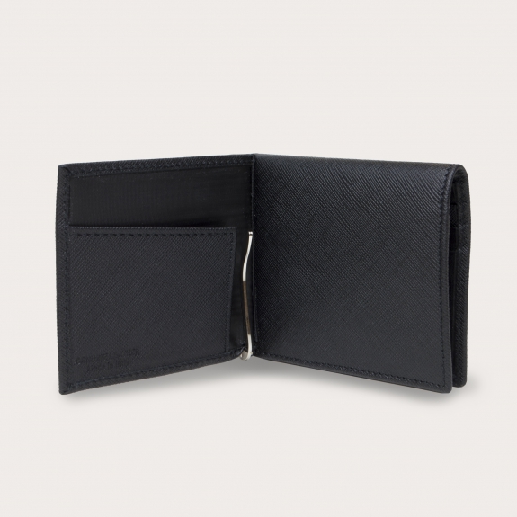 Mini portafoglio compatto in pelle saffiano con fermasoldi e portamonete, nero