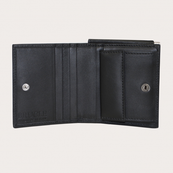 Kompakte Mini-Geldbörse aus Saffiano-Leder mit Geldscheinklammer und Geldbörse, schwarz