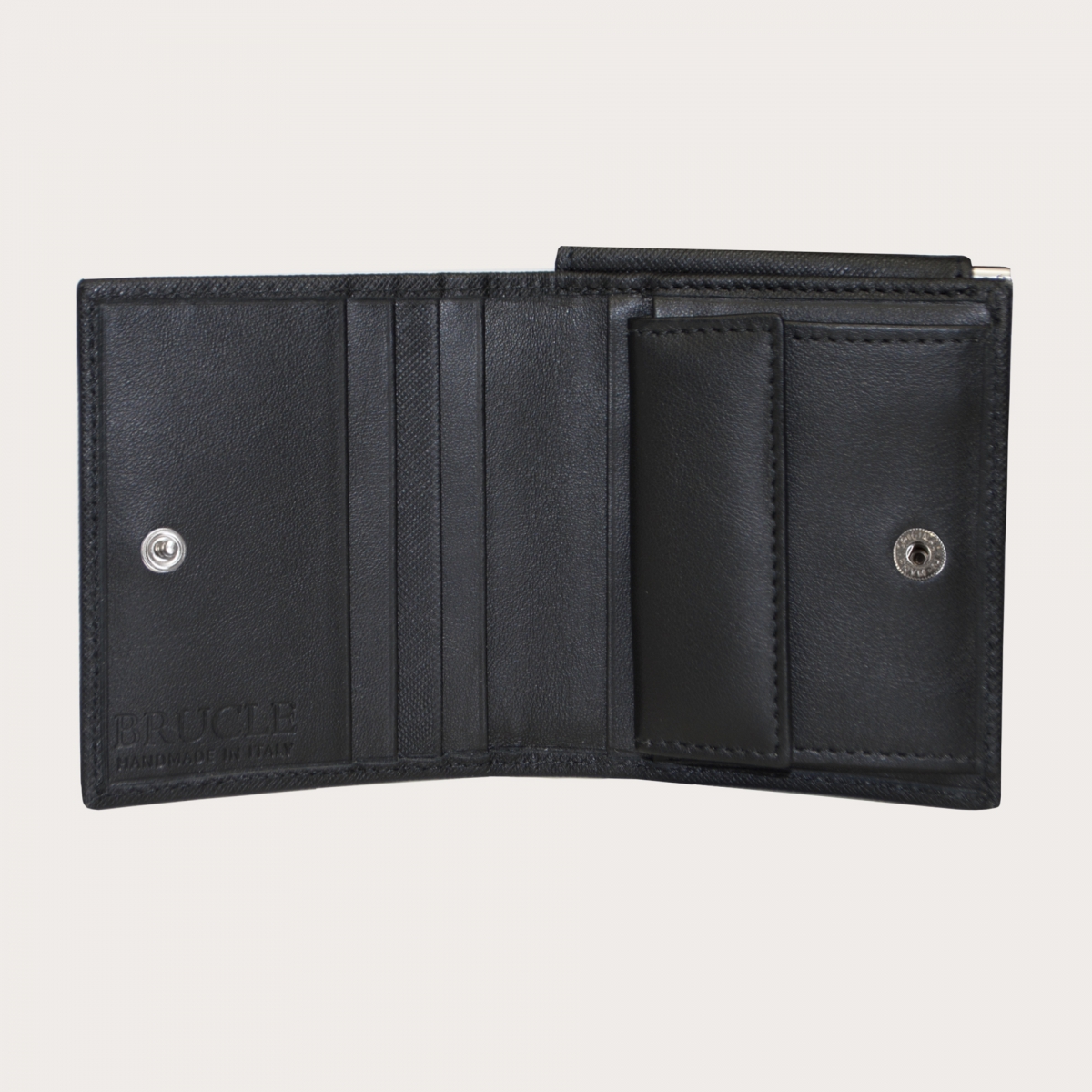Mini portefeuille compact en cuir saffiano avec pince à billets et porte-monnaie, noir