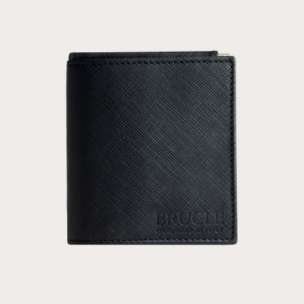 Compact mini wallet in saffiano leather with money clip and coin purse, black