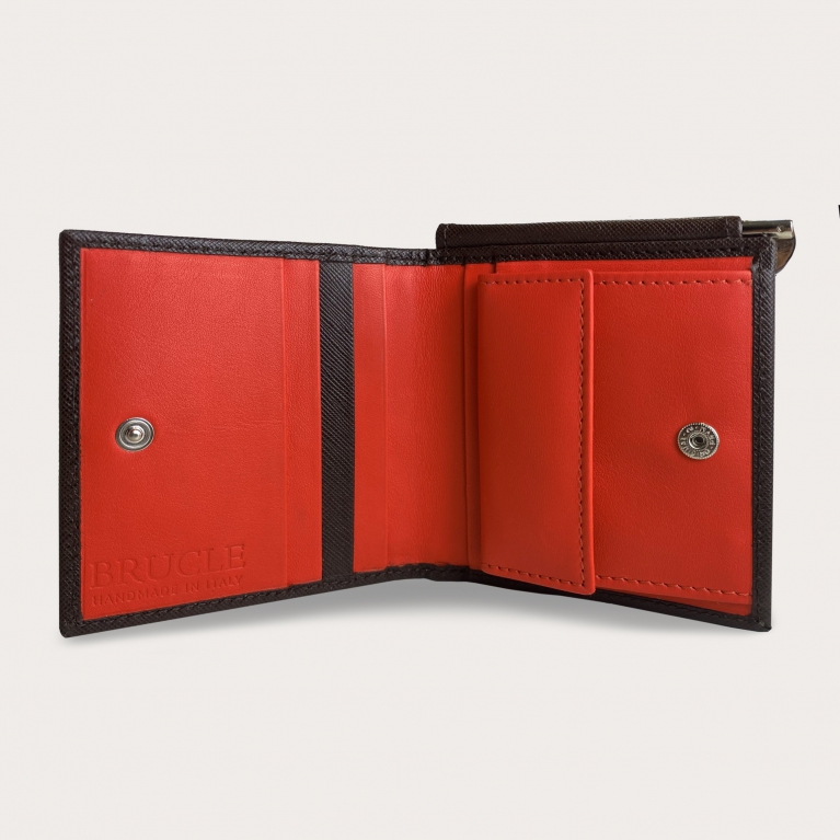 Compact mini wallet in saffiano leather with money clip and coin purse, brown and orange