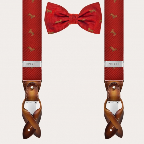 Coordinated silk suspender and bow tie, red dachshund pattern