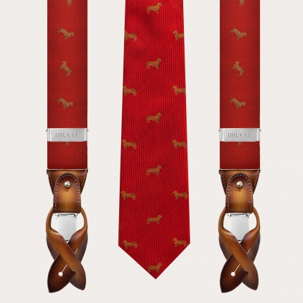 Bretelles et cravate en soie coordonnés, motif teckel rouge