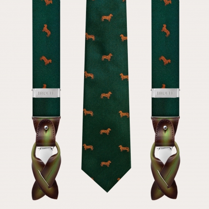 Bretelles et cravate en soie coordonnés, motif teckel vert