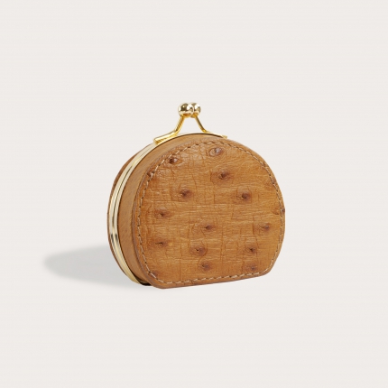 Coin purse in genuine ostrich leather, caramel brown