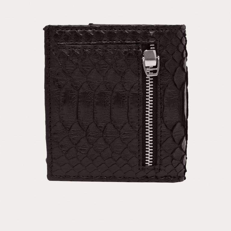 Portefeuille compact en cuir python, brun foncé
