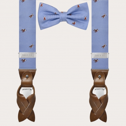 Abgestimmte Hosenträger und Fliege aus Seide, blaues Muster mit französischen Bulldoggen