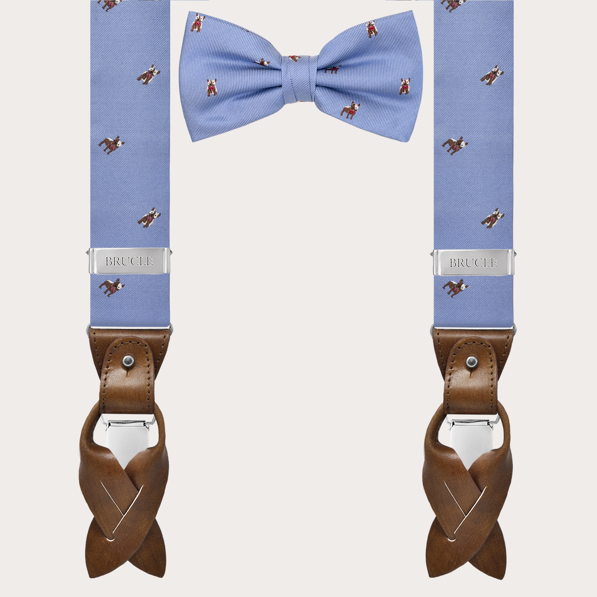 Coordinated suspenders and bowtie in silk, blue pattern with French bulldogs