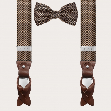 Coordinated suspenders and bow tie in silk, bronze pattern