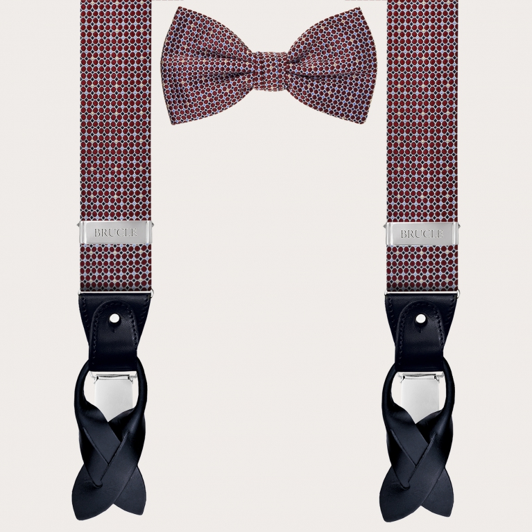 Coordinated suspenders and bowtie in silk, abstract burgundy polka dot pattern with light blue accents