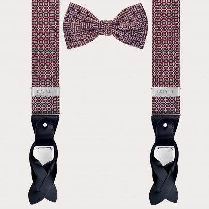 Coordinated suspenders and bowtie in silk, abstract burgundy polka dot pattern with light blue accents
