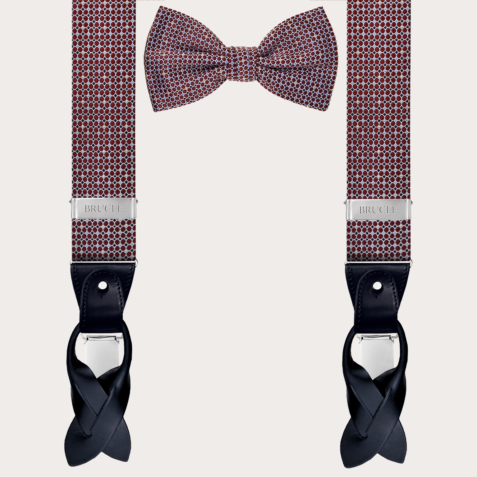 Coordinated suspenders and bowtie in silk, green and white pattern