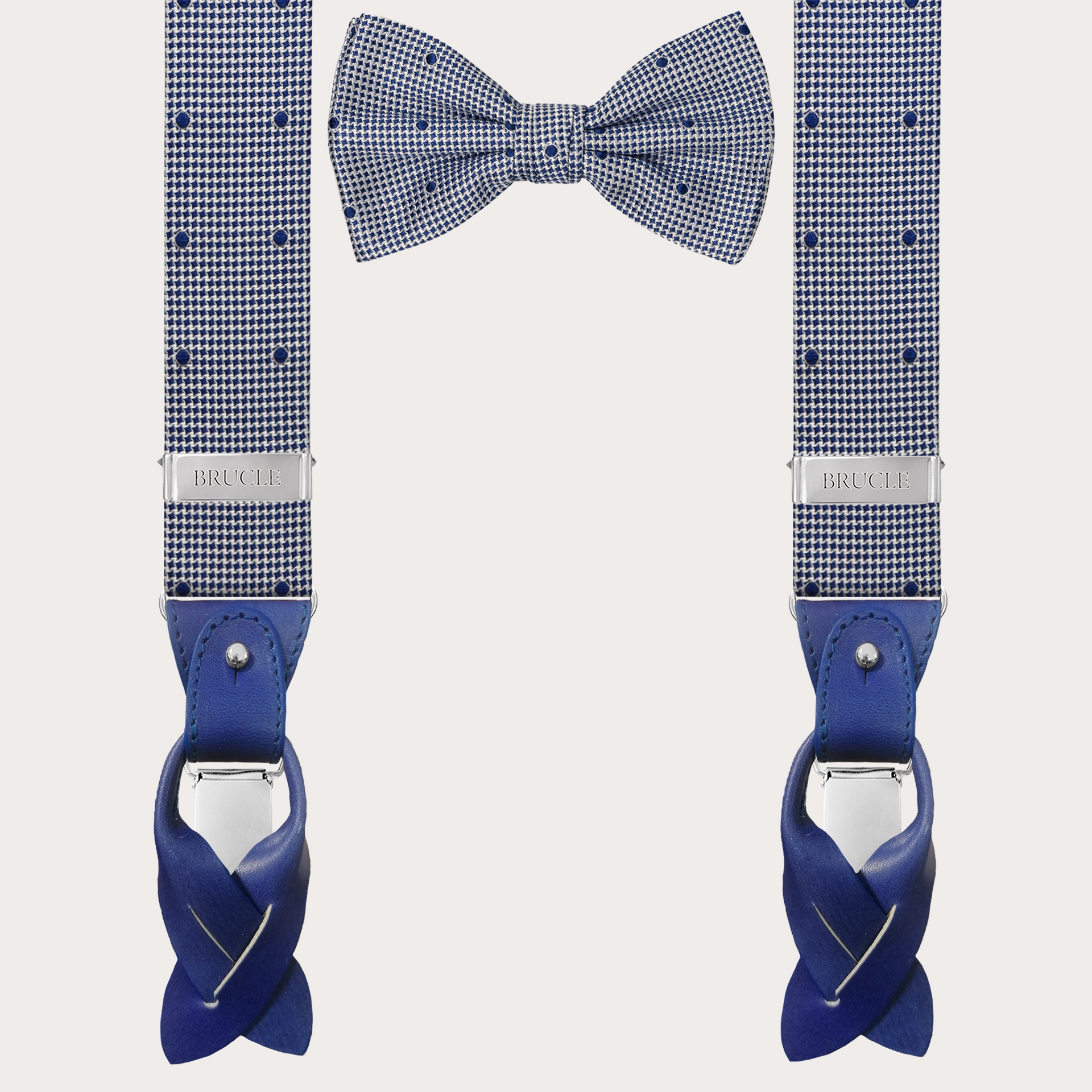 Coordinated suspenders and bowtie in silk, white and blue pattern