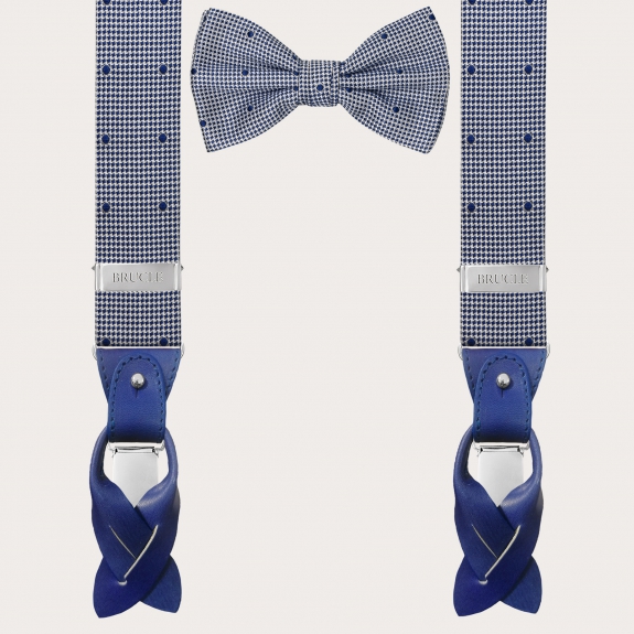 Coordinated suspenders and bowtie in silk, white and blue pattern