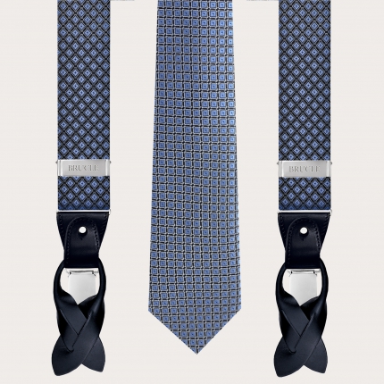 Bretelle e cravatta coordinate in seta, fantasia a rombi azzurri