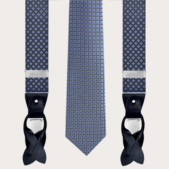 Coordinated suspenders and necktie in silk, blue pattern with French bulldogs
