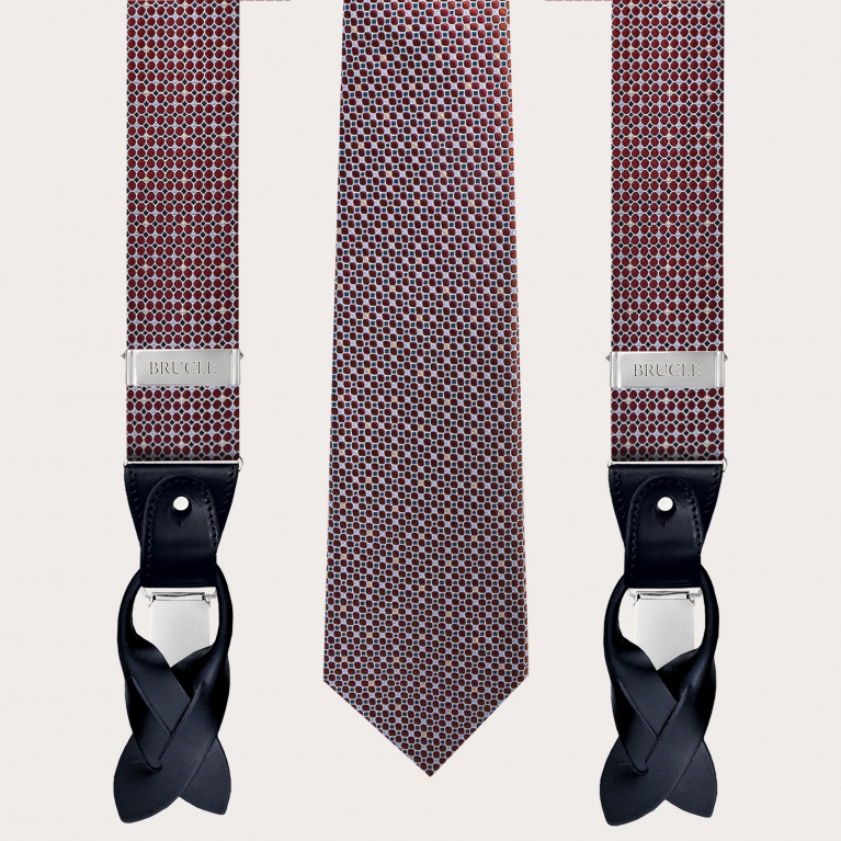 Bretelle e cravatta coordinate in seta, fantasia astratta a pois bordeaux con accenti azzurri