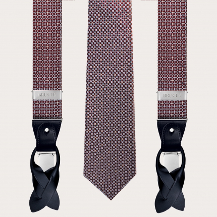 Coordinated suspenders and necktie in silk, abstract burgundy polka dot pattern with light blue accents