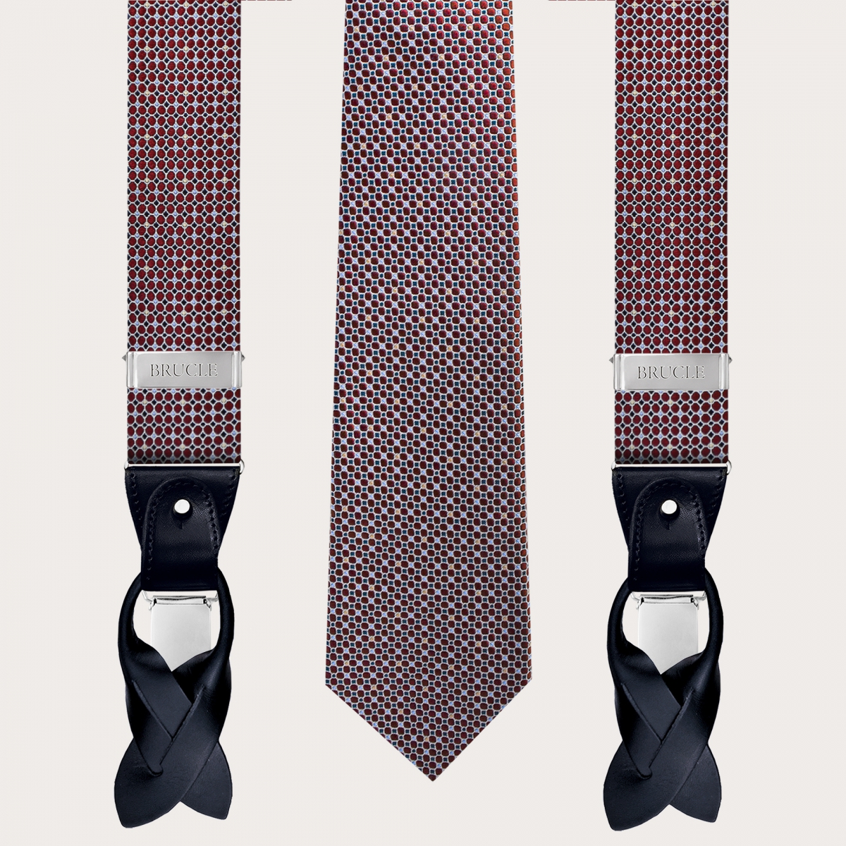 Coordinated suspenders and necktie in silk, abstract burgundy polka dot pattern with light blue accents