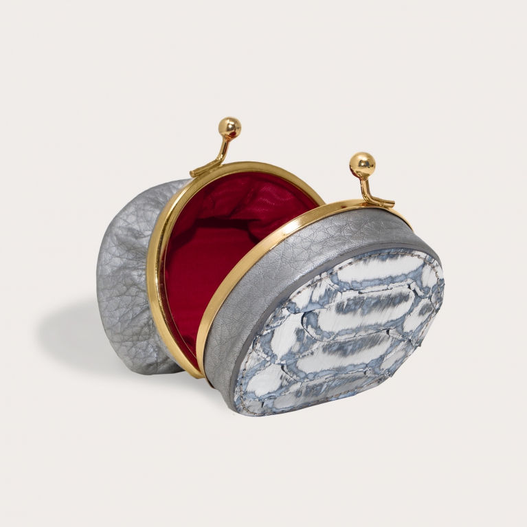 Porte-monnaie en cuir de python back cut tamponné, couleur argent