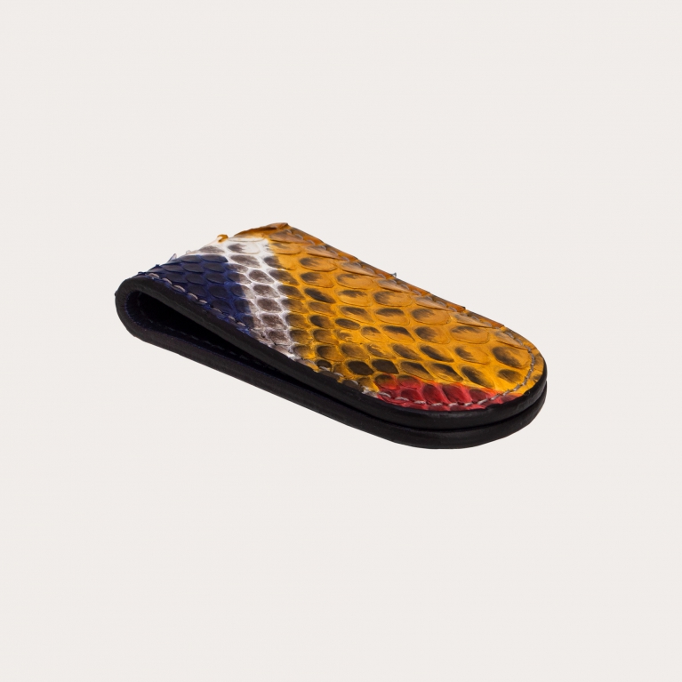 Magnetic money clip in genuine multicolored python leather