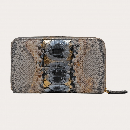 Women's python Leather Zip Around Wallet silver gold tan