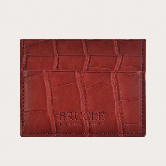 Porte carte de crédit rouge en cuir véritable alligator