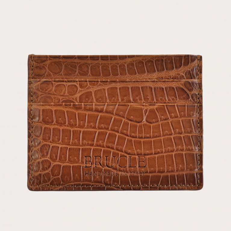 Porte carte de crédit marron en cuir véritable alligator