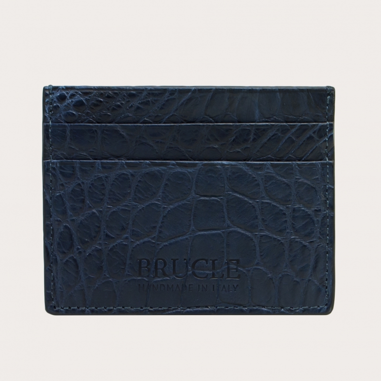 Porte carte de crédit bleu en cuir véritable crocodile
