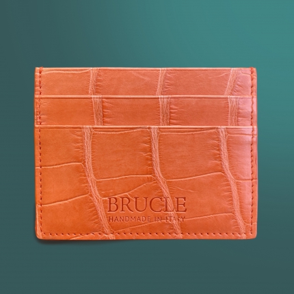 Porte carte de crédit orange en cuir véritable crocodile