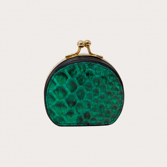 Coin purse in buffered front cut python leather, green and black