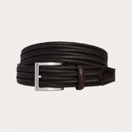 Braided elastic brown belt in bonded leather