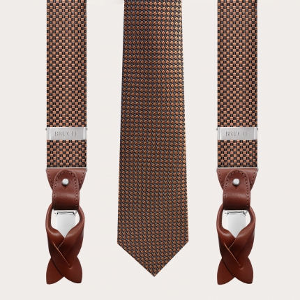 BRUCLE Bretelles et cravate coordonnées en soie, motif bronze
