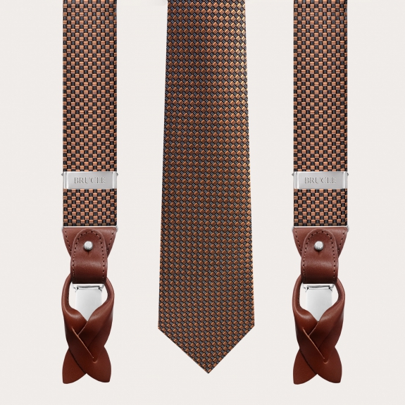 BRUCLE Coordinated suspenders and necktie in silk, bronze pattern