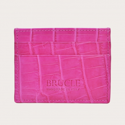 Porte carte de crédit fuchsia en cuir véritable alligator