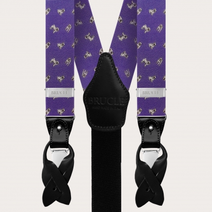 Formal Y-shape pure silk suspenders, purple with pug dog pattern