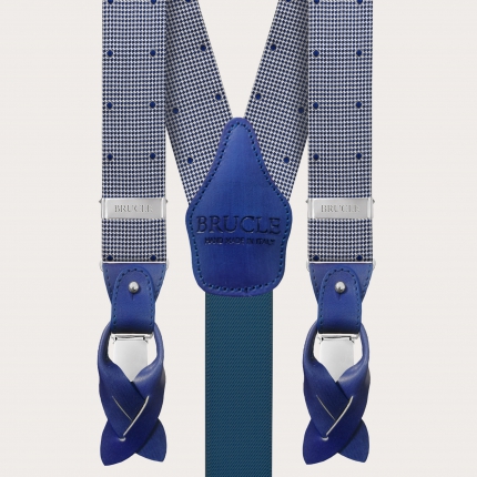 Formal Y-shape fabric suspenders in silk, blue with dot and pied de poule