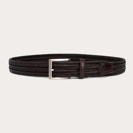 Braided elastic brown belt in bonded leather