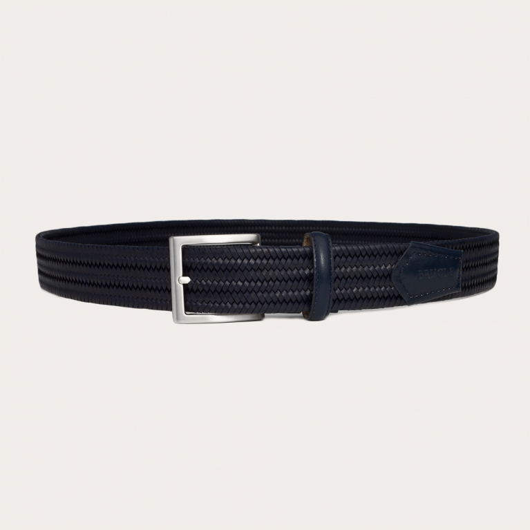 Braided elastic belt in blue bonded leather