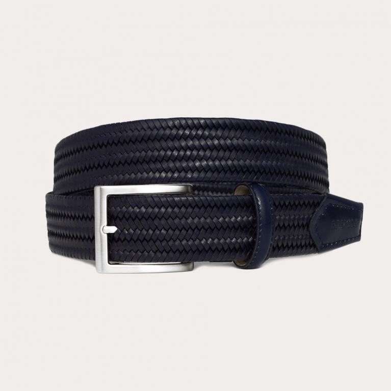 Braided elastic belt in blue bonded leather