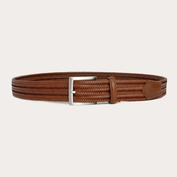 Braided elastic cognac belt in bonded leather
