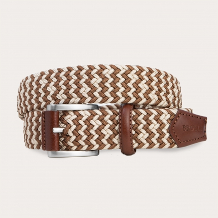 Braided elastic stretch belt, beige and brown