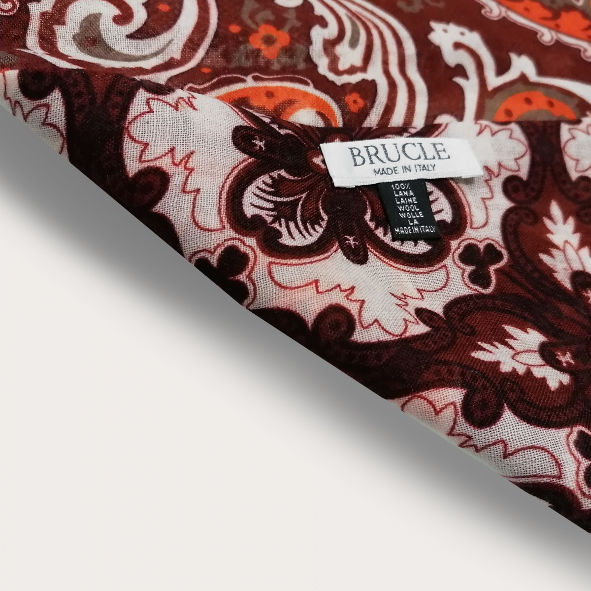 Bufanda de lana tubular con motivo paisley, marrón y naranja